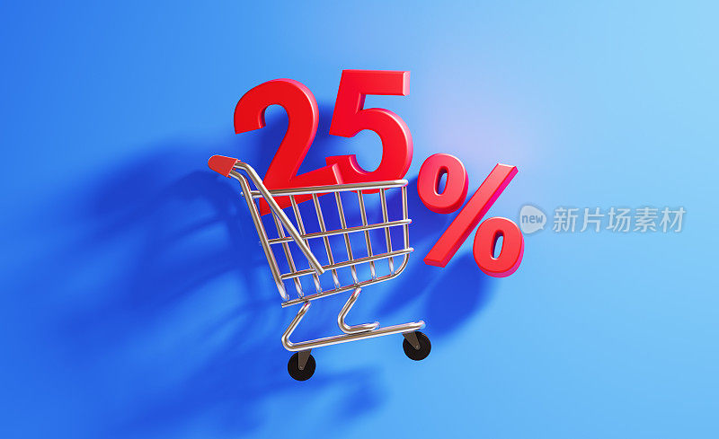 购物概念- 25%的折扣标志在一个购物车